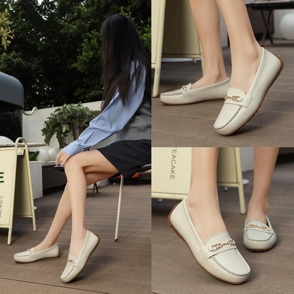 Kordal Women's Beige Leather Gold Accent Buckle Slip-Ons Walking Flats Loafers - Picture 6 of 9